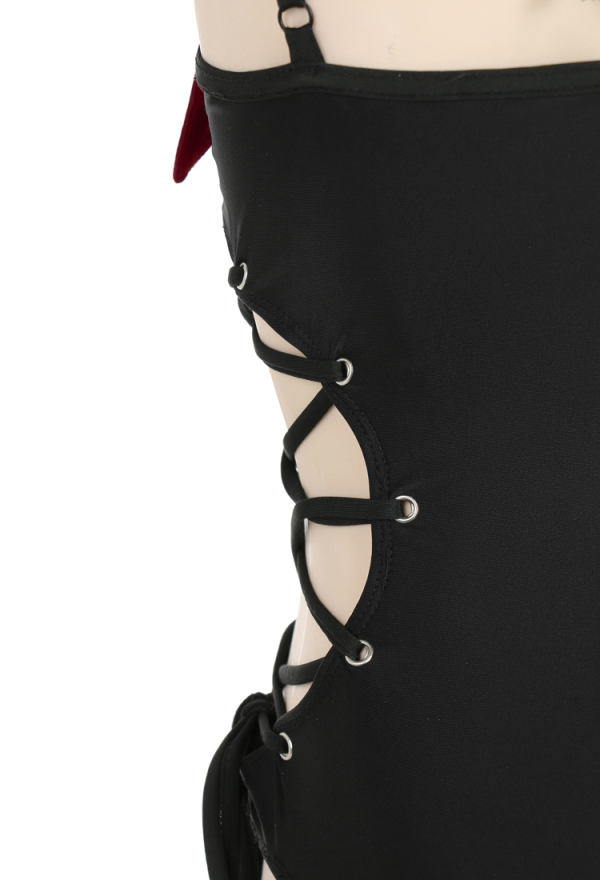 Devil Tail Gothic Claret Red Wings Halter Neck Cutout One-Piece Swimsuit