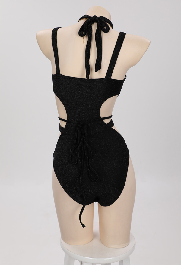 Black Cross Gothic Chest Zipper Metal Nail Decoration Black One Piece Swimsuit with Necklace and Leg Ring