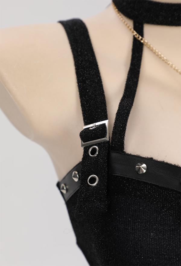 Black Cross Gothic Chest Zipper Metal Nail Decoration Black One Piece Swimsuit with Necklace and Leg Ring