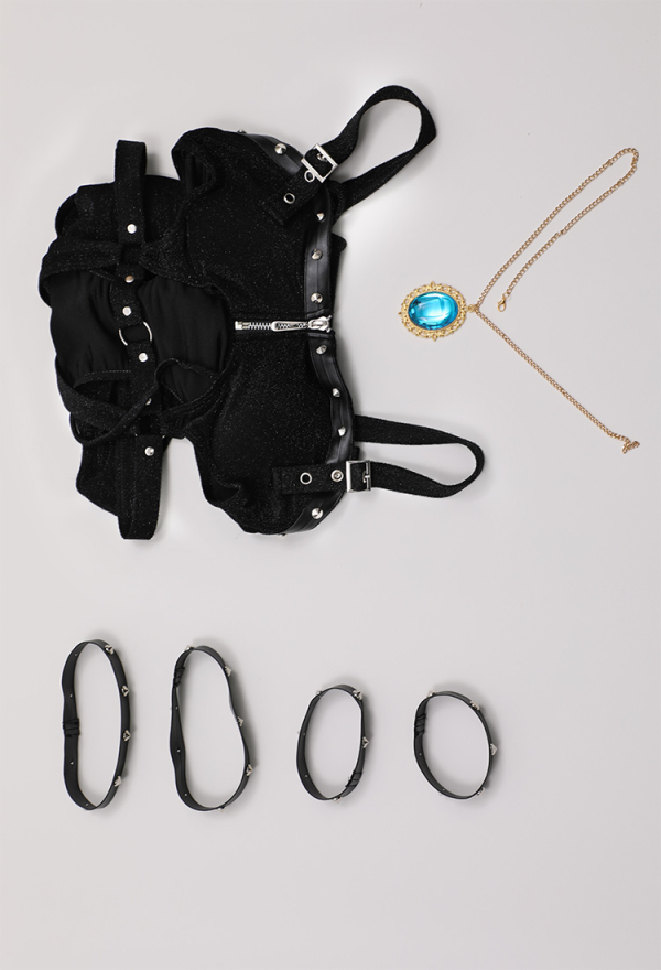 Black Cross Gothic Chest Zipper Metal Nail Decoration Black One Piece Swimsuit with Necklace and Leg Ring