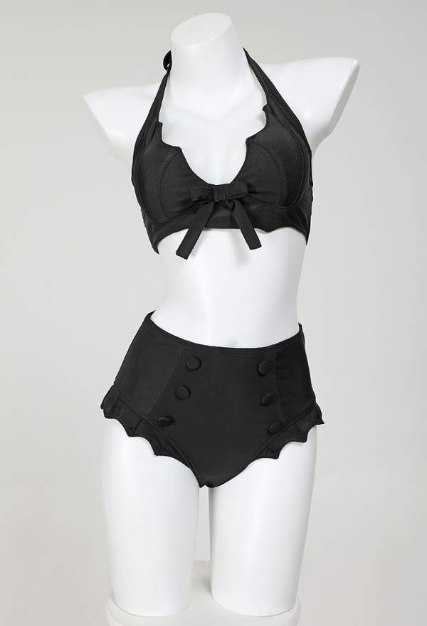 Gothic Vintage Black Two-Piece Swimsuit Bat Wing Halter Top and Bottoms Bikini Set Bathing Suit Gothic Vintage Black Two-Piece Swimsuit Bat Wing Halter Top and Bottoms Bikini Set Bathing Suit