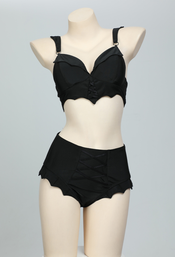NIGHT WIDOW Gothic Bat Style Black Two Piece Swimsuit Set Short Top and Bottom Bathing Suit