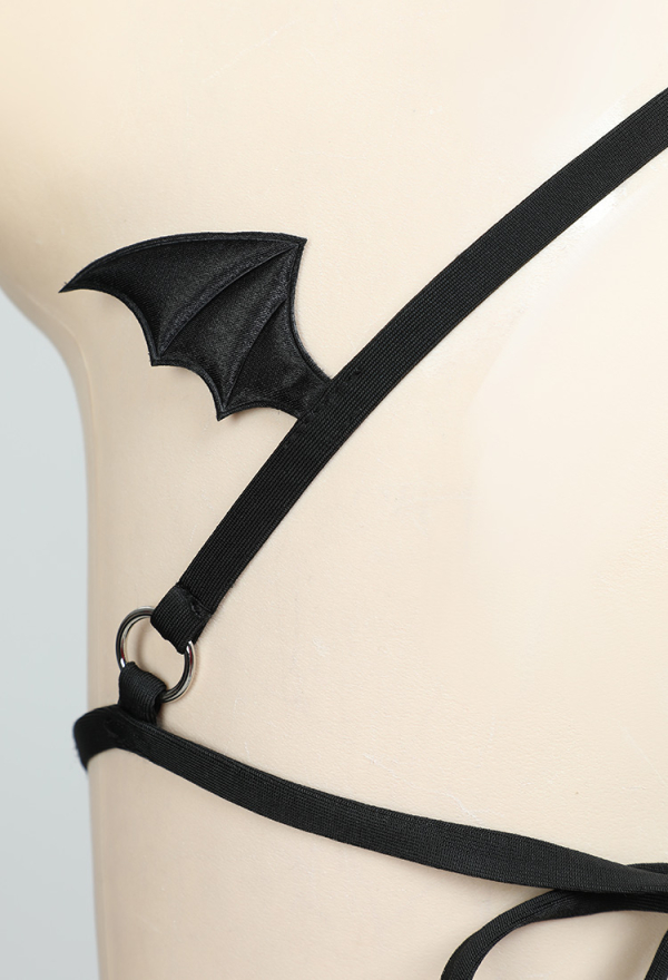 NIGHT WIDOW Gothic Bat Style Black Two-Piece Swimsuit Halter Lace-up Top and Low Waist Triangle Bottom Bathing Suit