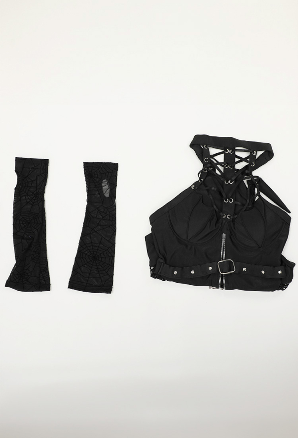 Dark Fantasy Gothic Swimwear Dark Bat Style Black Halter Hollow One Piece Swimsuit and Gloves Dark Fantasy Gothic Swimwear Dark Bat Style Black Halter Hollow One Piece Swimsuit and Gloves