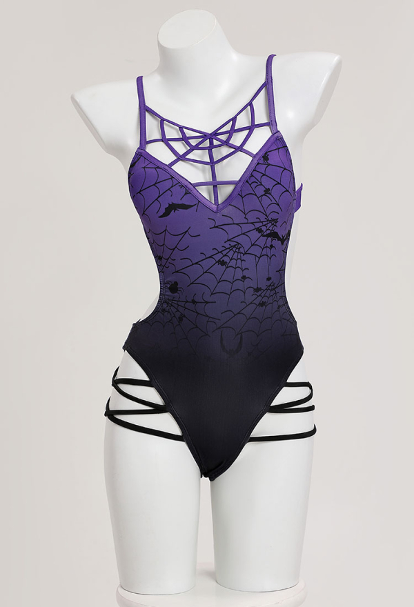 Gothic Sexy Black-Purple Gradient Color Swimsuit Spider Web and Bat Pattern Bodysuit Bathing Suit Gothic Sexy Black-Purple Gradient Color Swimsuit Spider Web and Bat Pattern Bodysuit Bathing Suit