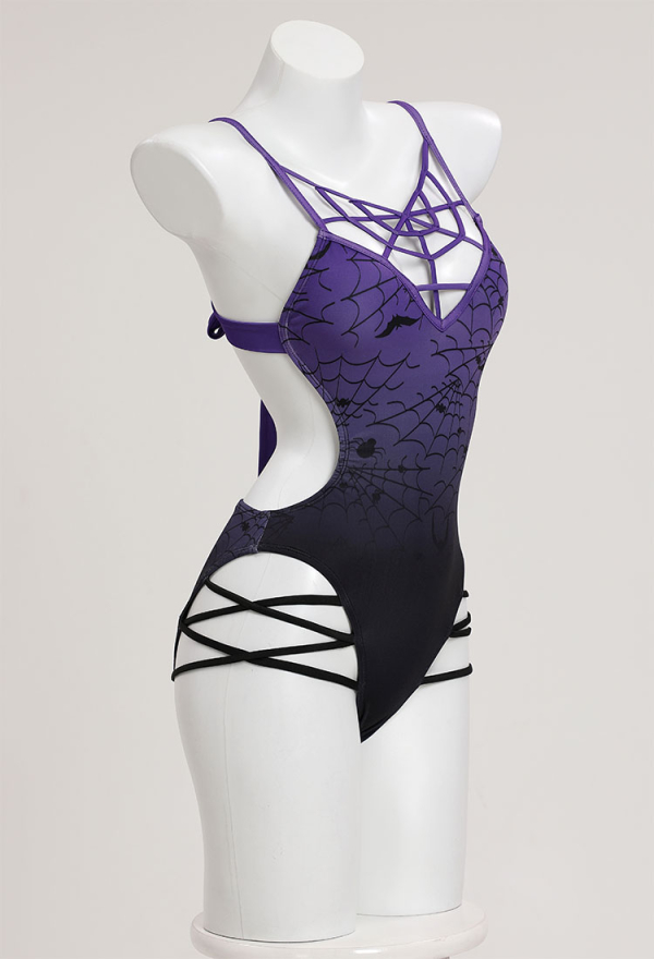 Gothic Sexy Black-Purple Gradient Color Swimsuit Spider Web and Bat Pattern Bodysuit Bathing Suit Gothic Sexy Black-Purple Gradient Color Swimsuit Spider Web and Bat Pattern Bodysuit Bathing Suit
