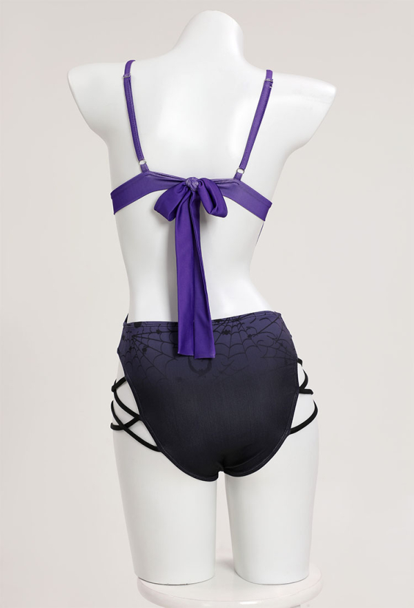 Gothic Sexy Black-Purple Gradient Color Swimsuit Spider Web and Bat Pattern Bodysuit Bathing Suit Gothic Sexy Black-Purple Gradient Color Swimsuit Spider Web and Bat Pattern Bodysuit Bathing Suit