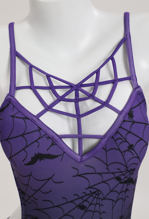 Gothic Sexy Black-Purple Gradient Color Swimsuit Spider Web and Bat Pattern Bodysuit Bathing Suit Gothic Sexy Black-Purple Gradient Color Swimsuit Spider Web and Bat Pattern Bodysuit Bathing Suit