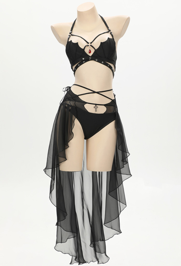 Dark Bat Sexy Black Halter Neck Chest Cutout Two-Piece Swimsuit with Gauze Skirt
