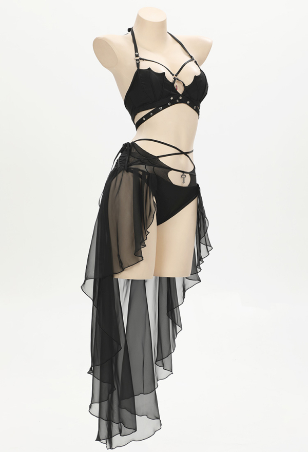 Dark Bat Sexy Black Halter Neck Chest Cutout Two-Piece Swimsuit with Gauze Skirt