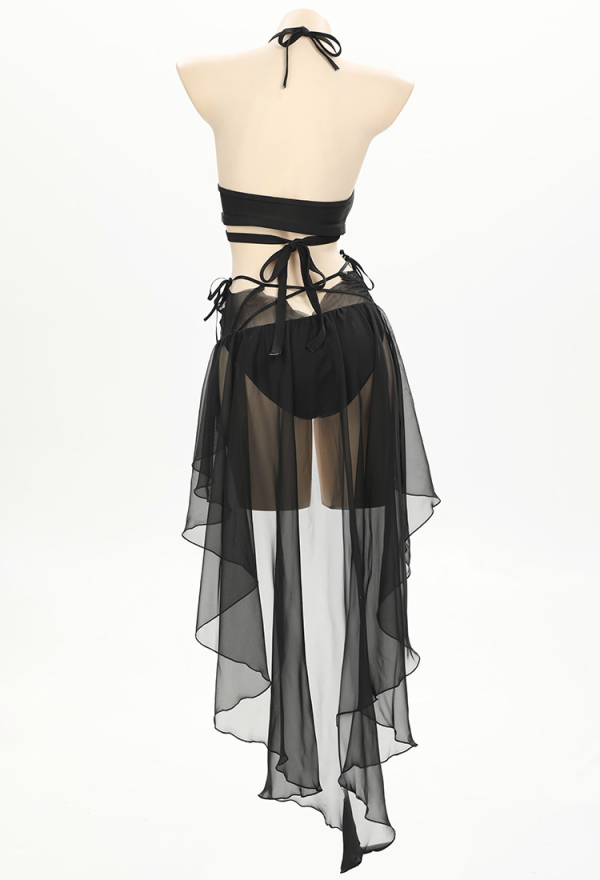 Dark Bat Sexy Black Halter Neck Chest Cutout Two-Piece Swimsuit with Gauze Skirt