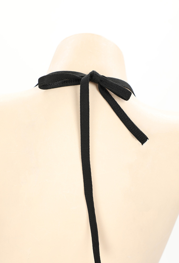 Dark Bat Sexy Black Halter Neck Chest Cutout Two-Piece Swimsuit with Gauze Skirt