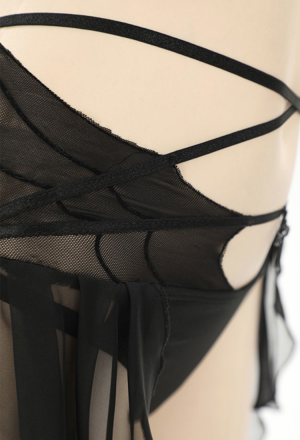 Dark Bat Sexy Black Halter Neck Chest Cutout Two-Piece Swimsuit with Gauze Skirt
