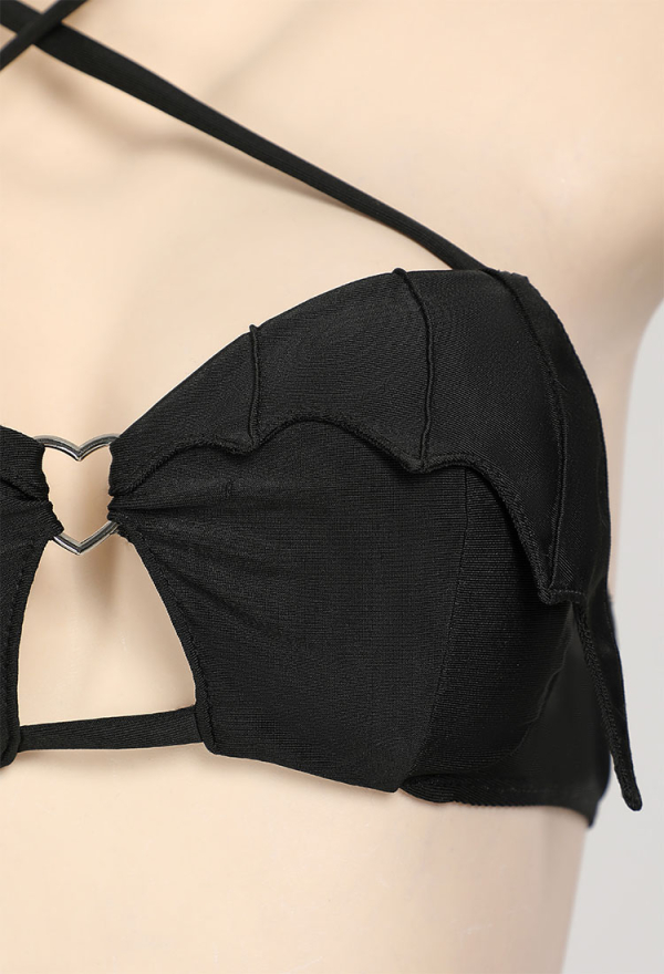 NIGHT WIDOW Gothic Bat Style Black Two-Piece Swimsuit Halter Top and Low Waist Triangle Bottom Bathing Suit