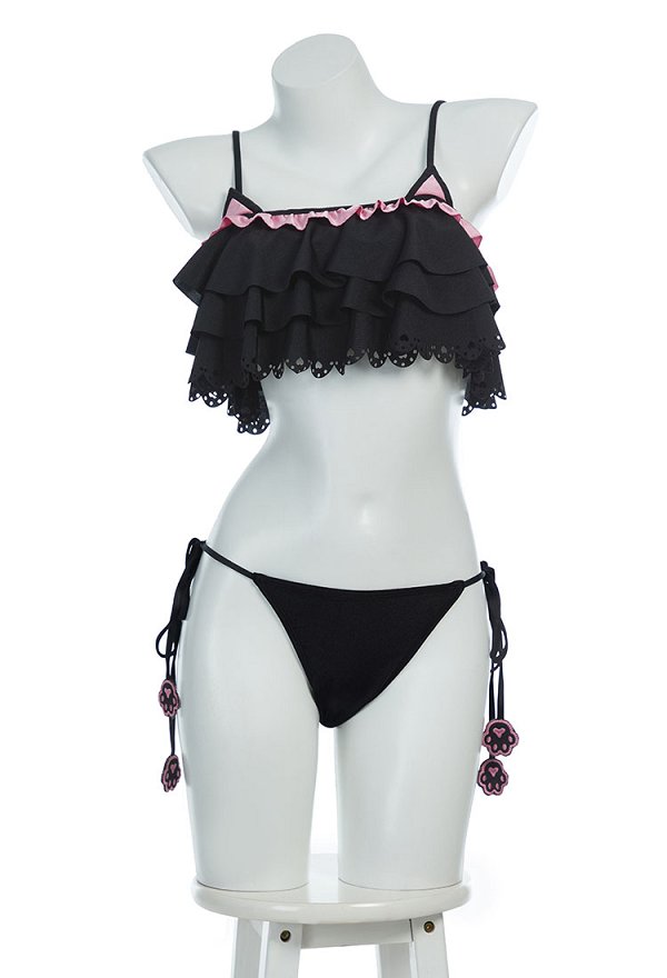 Midnight Meow Gothic Cat Bikini Bathing Suit Set Ruffle Side Tie Two-Piece Swimsuit