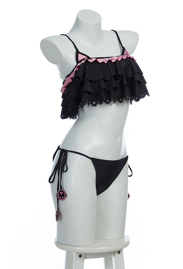 Midnight Meow Gothic Cat Bikini Bathing Suit Set Ruffle Side Tie Two-Piece Swimsuit
