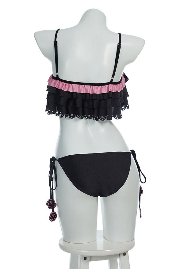 Midnight Meow Gothic Cat Bikini Bathing Suit Set Ruffle Side Tie Two-Piece Swimsuit