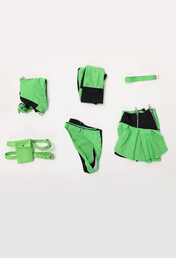 Green Menace Sexy Swimsuit Gothic Black Green Spliced Halter Bra and Bottom Bathing Suit with Long Sleeve Top Skirt and Choker