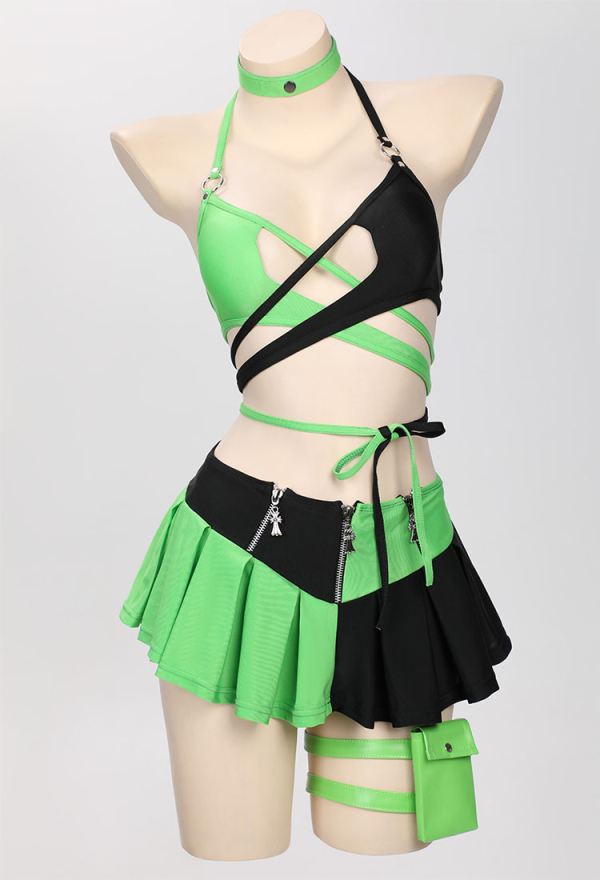 Green Menace Sexy Swimsuit Gothic Black Green Spliced Halter Bra and Bottom Bathing Suit with Long Sleeve Top Skirt and Choker