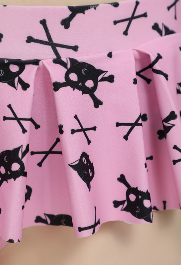 Thriller Kitten Skull Cat Print Swimsuit Heart-shaped Design Pink Skleteon Cat Two Pieces Swimsuit