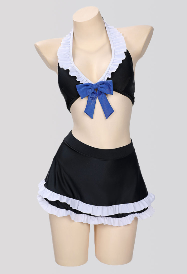 Gothic Swimwear Set Black Halter Top And Mini Skirt with Striped Stockings Gothic Swimwear Set Black Halter Top And Mini Skirt with Striped Stockings