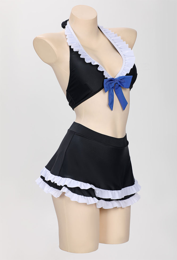 Gothic Swimwear Set Black Halter Top And Mini Skirt with Striped Stockings Gothic Swimwear Set Black Halter Top And Mini Skirt with Striped Stockings