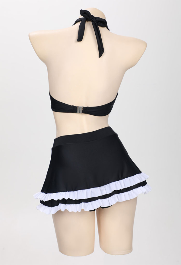 Gothic Swimwear Set Black Halter Top And Mini Skirt with Striped Stockings Gothic Swimwear Set Black Halter Top And Mini Skirt with Striped Stockings