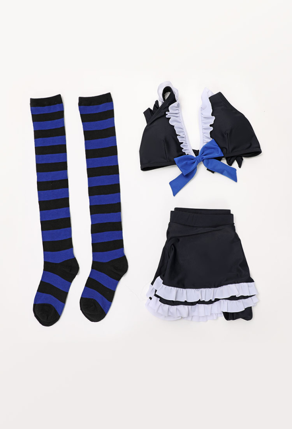 Gothic Swimwear Set Black Halter Top And Mini Skirt with Striped Stockings Gothic Swimwear Set Black Halter Top And Mini Skirt with Striped Stockings