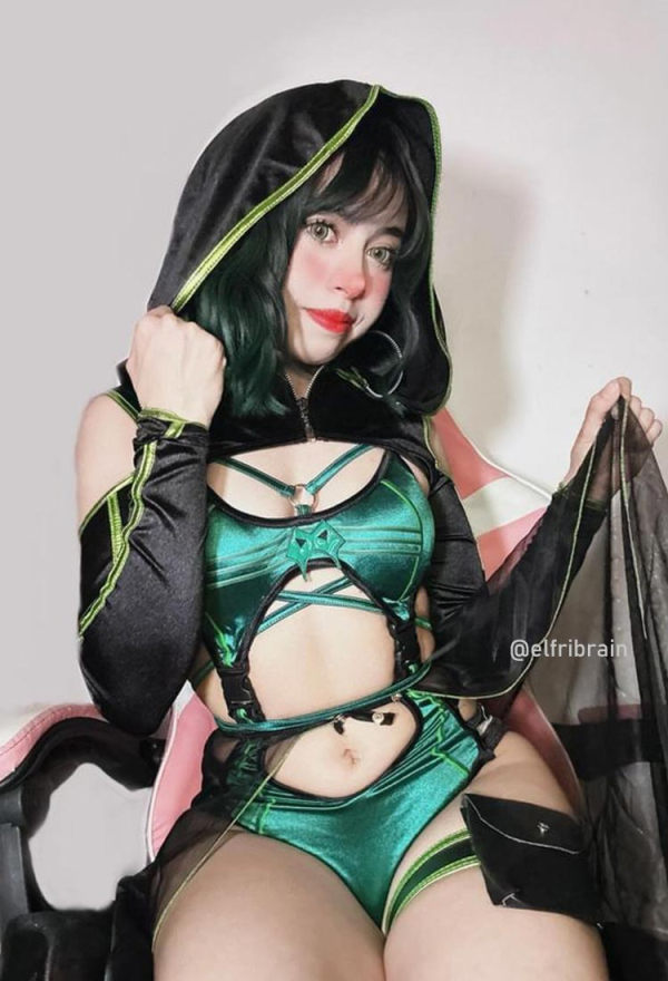 Venom Assassin Swimsuit Green Cutout Bodysuit and Short Coat with Leg Straps and Skirt Hem