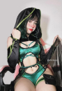 Venom Assassin Swimsuit Green Cutout Bodysuit and Short Coat with Leg Straps and Skirt Hem