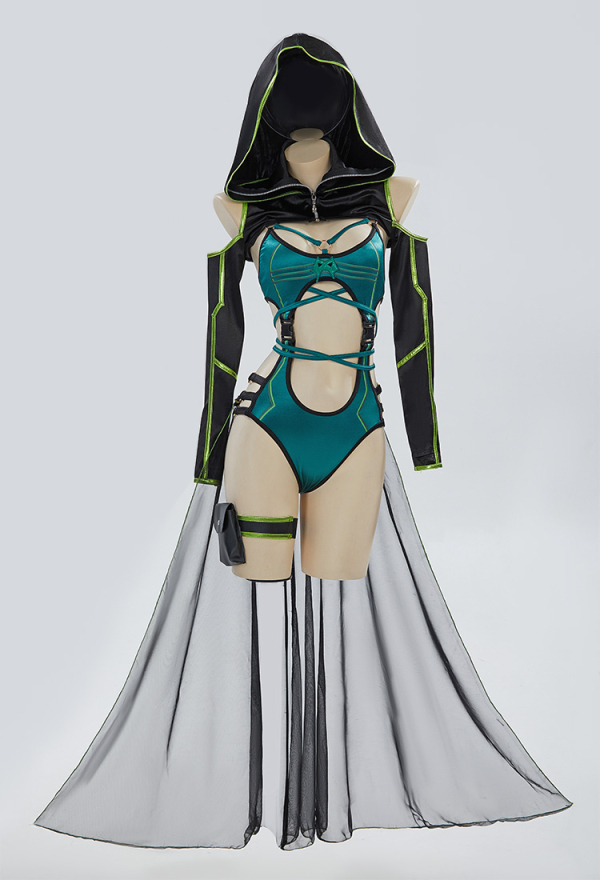 Venom Assassin Swimsuit Green Cutout Bodysuit and Short Coat with Leg Straps and Skirt Hem