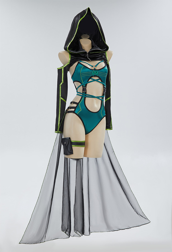 Venom Assassin Swimsuit Green Cutout Bodysuit and Short Coat with Leg Straps and Skirt Hem