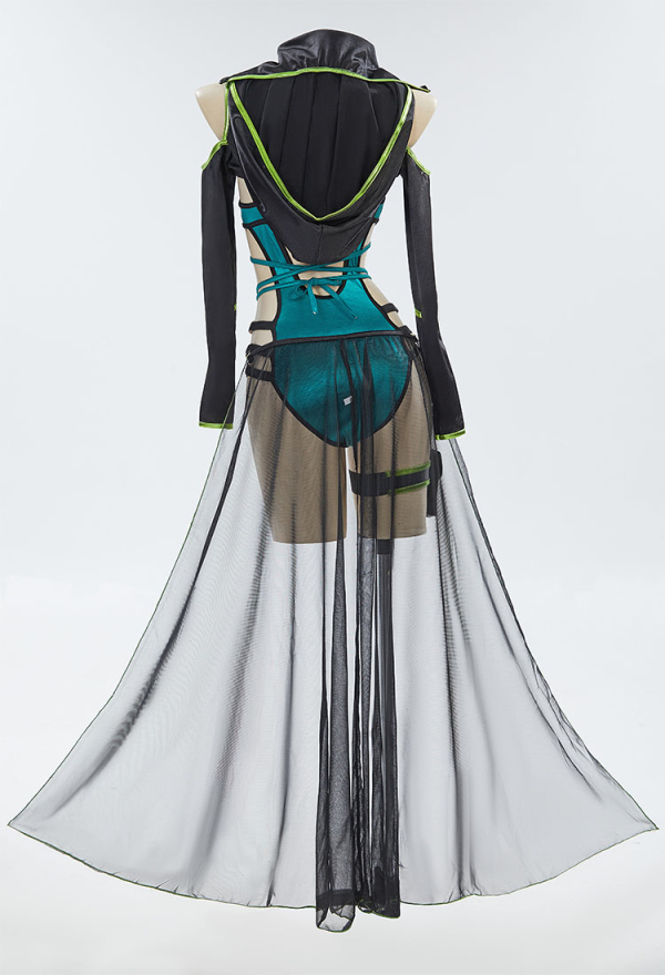 Venom Assassin Swimsuit Green Cutout Bodysuit and Short Coat with Leg Straps and Skirt Hem