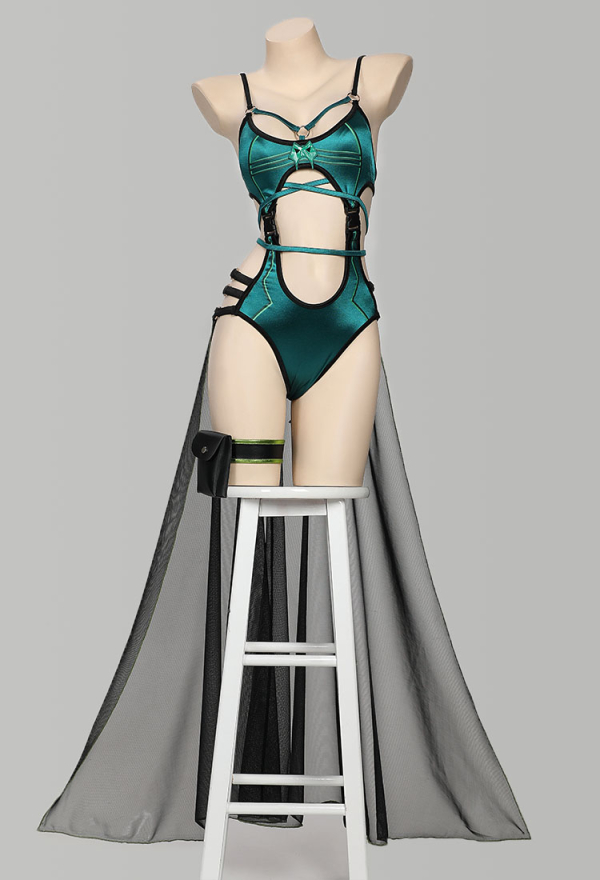 Venom Assassin Swimsuit Green Cutout Bodysuit and Short Coat with Leg Straps and Skirt Hem