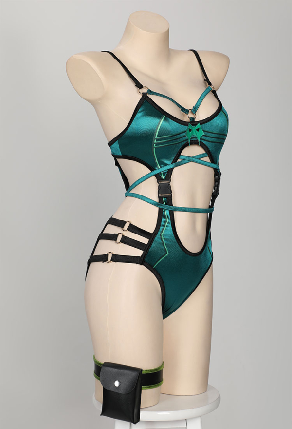Venom Assassin Swimsuit Green Cutout Bodysuit and Short Coat with Leg Straps and Skirt Hem