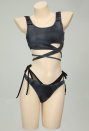 WASTELAND UTOPIA Wasteland Style Black Grey Swimsuit Straps Top and Triangle Bikini Bottoms with Arm Sleeves