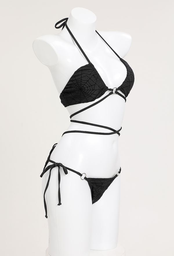 Night Spinner Gothic Black Sexy Swimsuit Spider Web Pattern Bikini Set Halter Lace-up Top and Triangle Bottoms Bathing Suit Swimwear
