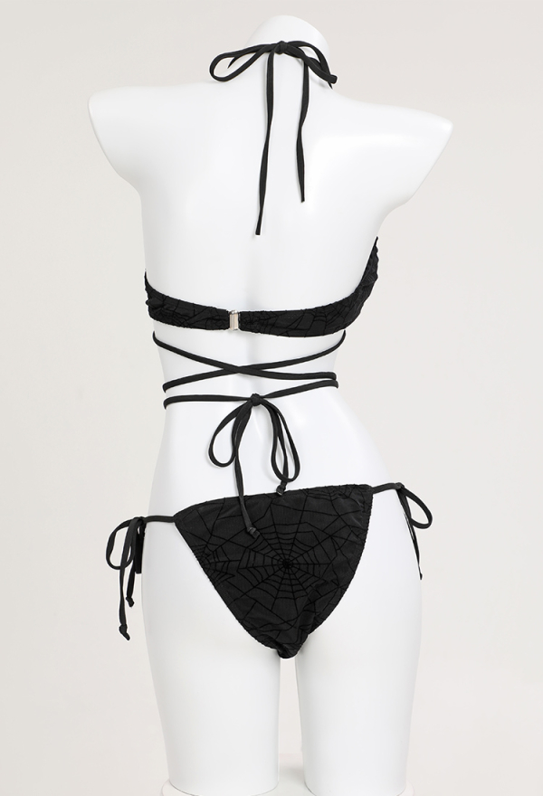 Night Spinner Gothic Black Sexy Swimsuit Spider Web Pattern Bikini Set Halter Lace-up Top and Triangle Bottoms Bathing Suit Swimwear
