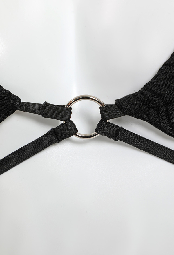Night Spinner Gothic Black Sexy Swimsuit Spider Web Pattern Bikini Set Halter Lace-up Top and Triangle Bottoms Bathing Suit Swimwear