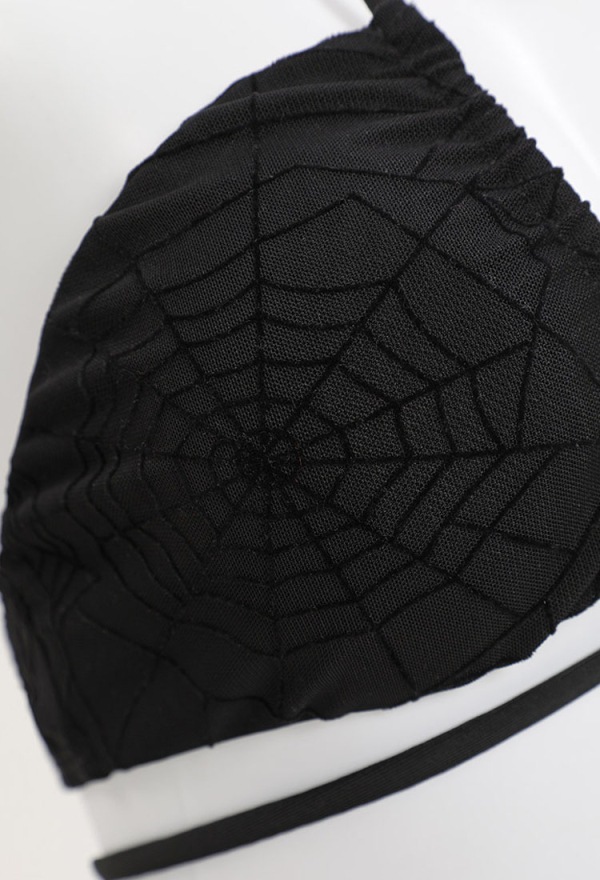 Night Spinner Gothic Black Sexy Swimsuit Spider Web Pattern Bikini Set Halter Lace-up Top and Triangle Bottoms Bathing Suit Swimwear