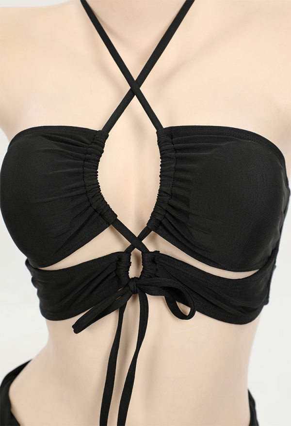 WASTELAND UTOPIA Gothic Vintage Black Two-Piece Swimwear Set Black Halter Top and Mini Skirt