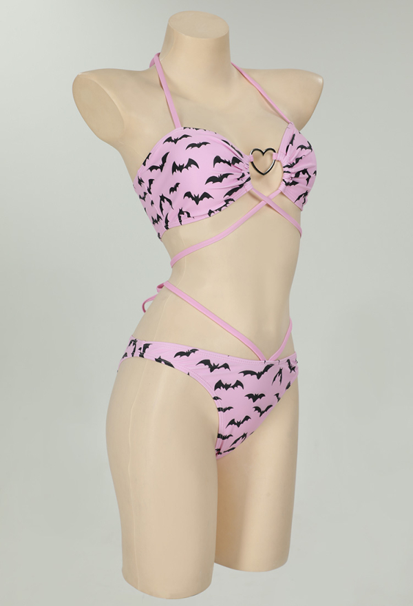 Nocturnal Waves Gothic Bat Pink Bikini Set Swimsuit Heart Buckle Halter Lace-up Top and Triangle Panty Bathing Suit Swimwear
