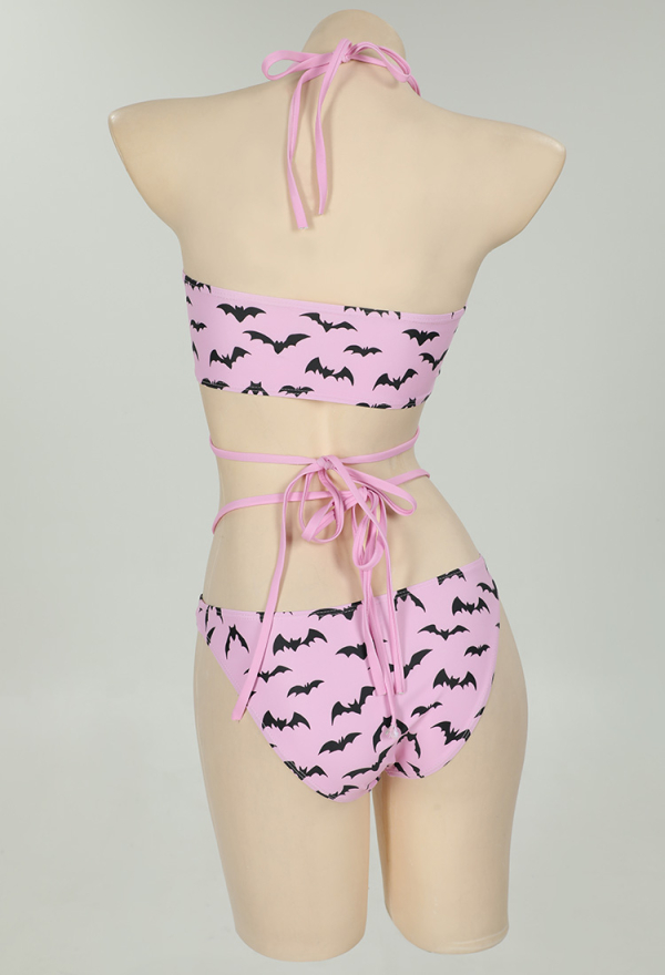 Nocturnal Waves Gothic Bat Pink Bikini Set Swimsuit Heart Buckle Halter Lace-up Top and Triangle Panty Bathing Suit Swimwear