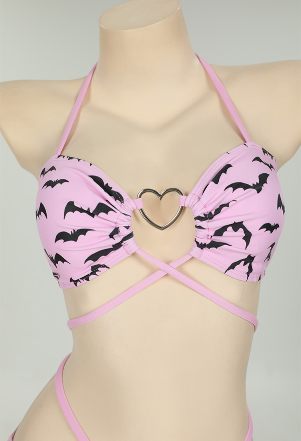 Nocturnal Waves Gothic Bat Pink Bikini Set Swimsuit Heart Buckle Halter Lace-up Top and Triangle Panty Bathing Suit Swimwear