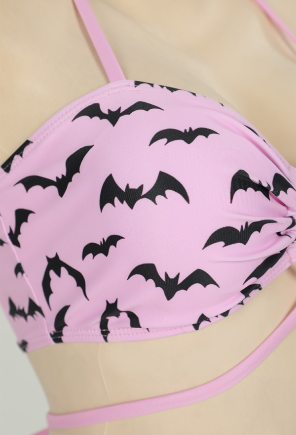 Nocturnal Waves Gothic Bat Pink Bikini Set Swimsuit Heart Buckle Halter Lace-up Top and Triangle Panty Bathing Suit Swimwear