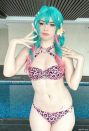 Unique Skull Leopard Print Swimsuit Pink Two-Piece Bathing Suit Halter Neck Cut Out Swimsuit