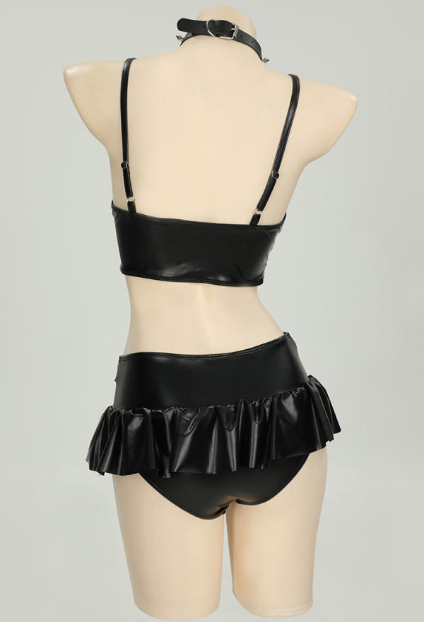 Punk Splash Gothic PU Leather Swimsuit Set Black Top And Mini Skirt with Choker