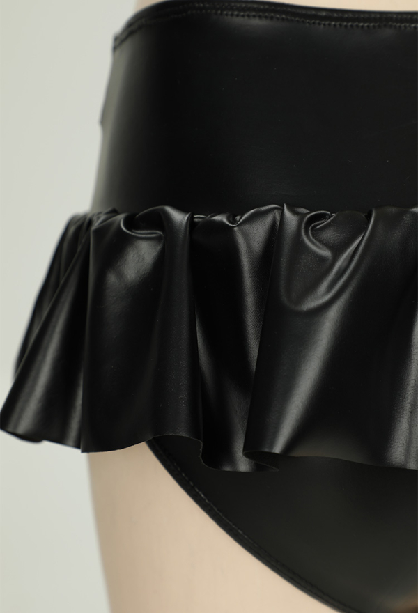 Punk Splash Gothic PU Leather Swimsuit Set Black Top And Mini Skirt with Choker