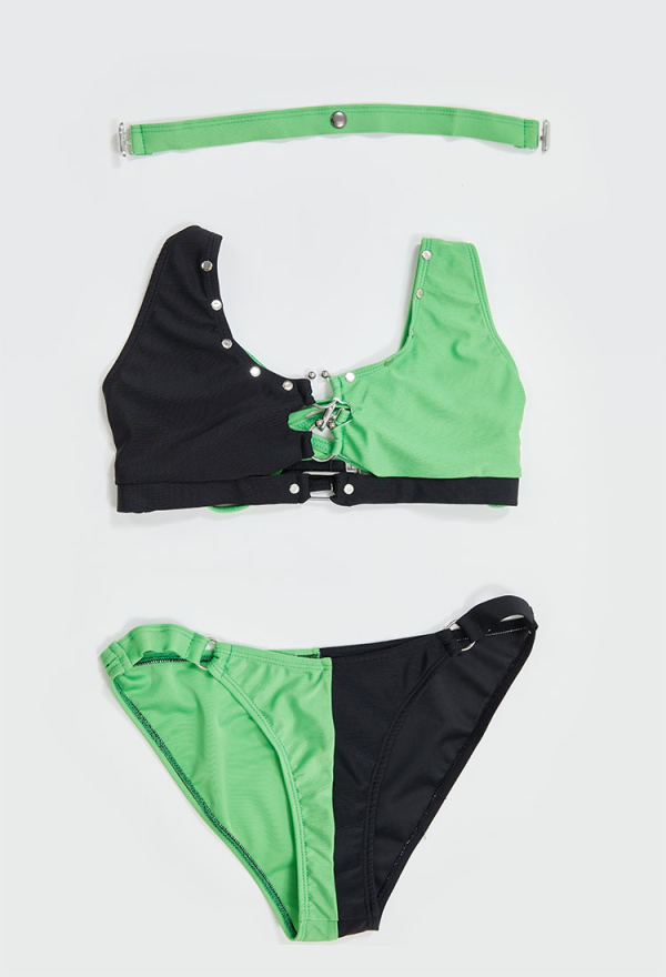 Green Menace Sexy Black and Green Buckle Decoration Two-Piece Swimsuit Green Menace Sexy Black and Green Buckle Decoration Two-Piece Swimsuit
