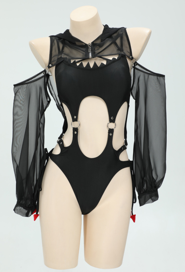 Gothic Devil Style One-Piece Swimsuit Black Halter Hollow Bathing Suit and Semi-Transparent Cover-Up Gothic Devil Style One-Piece Swimsuit Black Halter Hollow Bathing Suit and Semi-Transparent Cover-Up